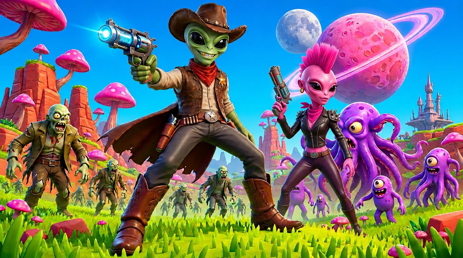 Buck Skylooker grinning alongside Vex in the colorful Alien Bay world